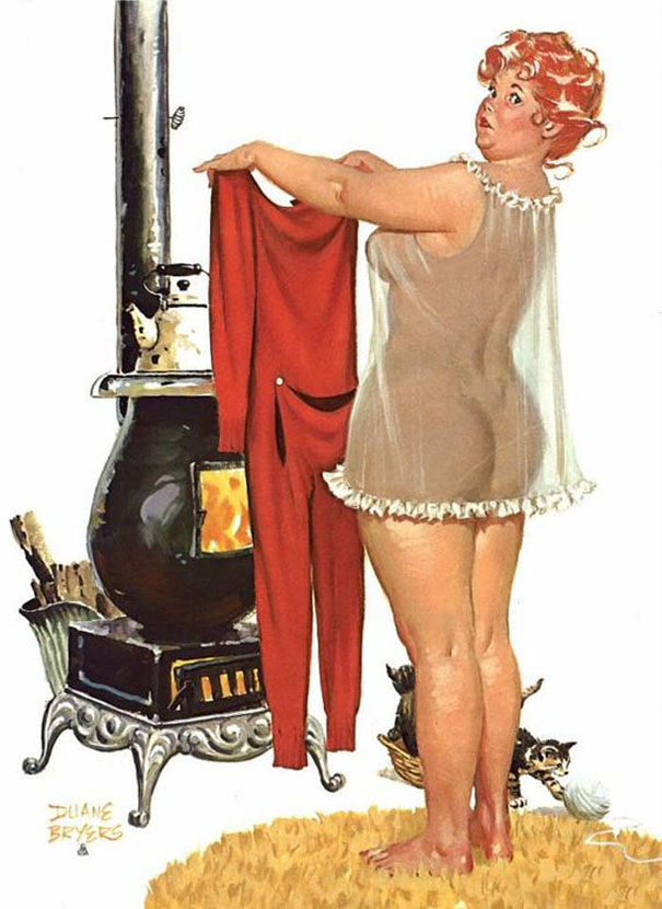 illustration of a plus-size n**e girl drying her red costume near the oven