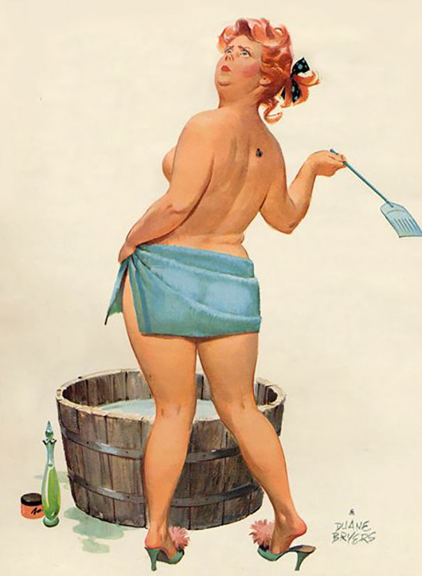 illustration of a plus-size girl near the basin with a fly swatter