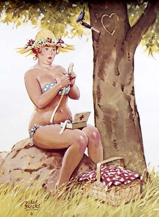 llustration of a plus-size girl bandages her finger under the tree