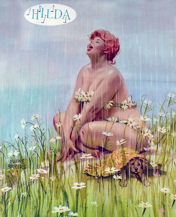 illustration of a plus-size girl sitting under the rain in the field near camomiles