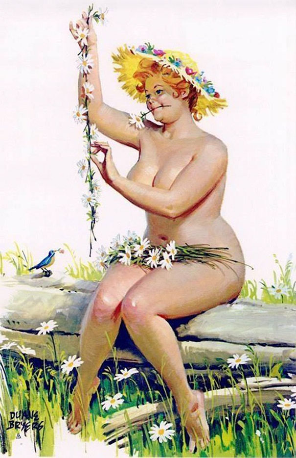 illustration of a plus-size girl making a wreath from camomiles
