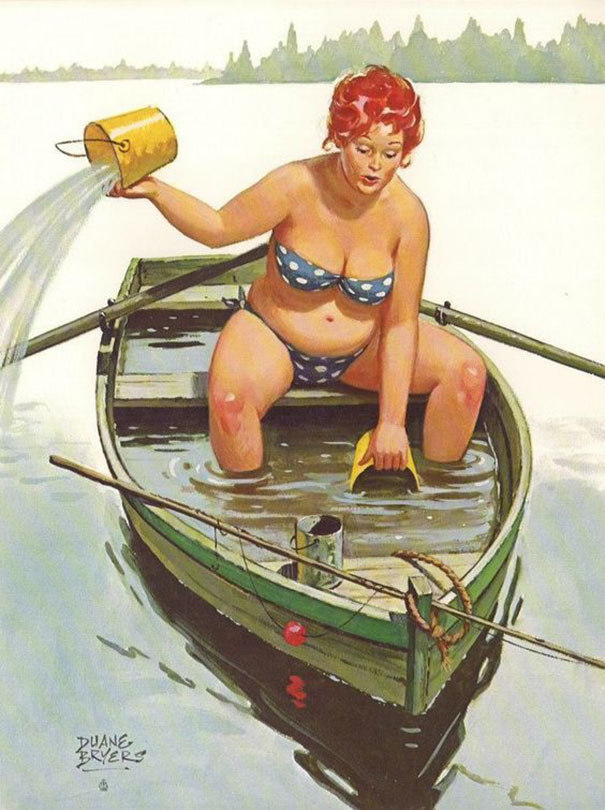 illustration of a plus-size girl pouring water from the boat