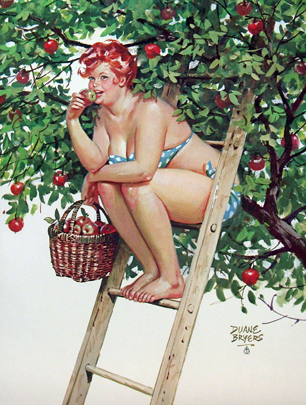 illustration of a plus-size girl sitting under the tree on the stairs with a basket of apples