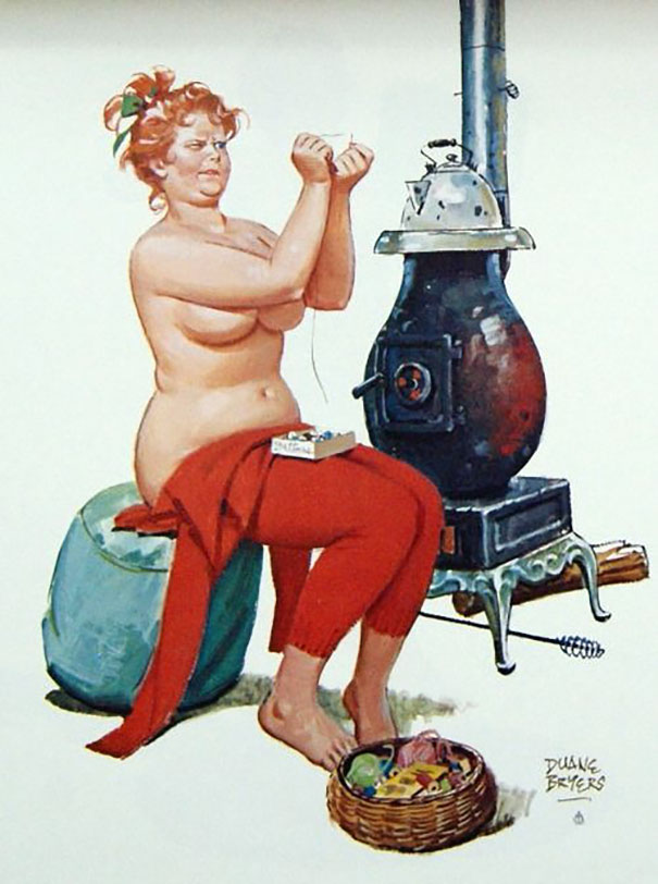 illustration of a plus-size girl sewing up her red costume