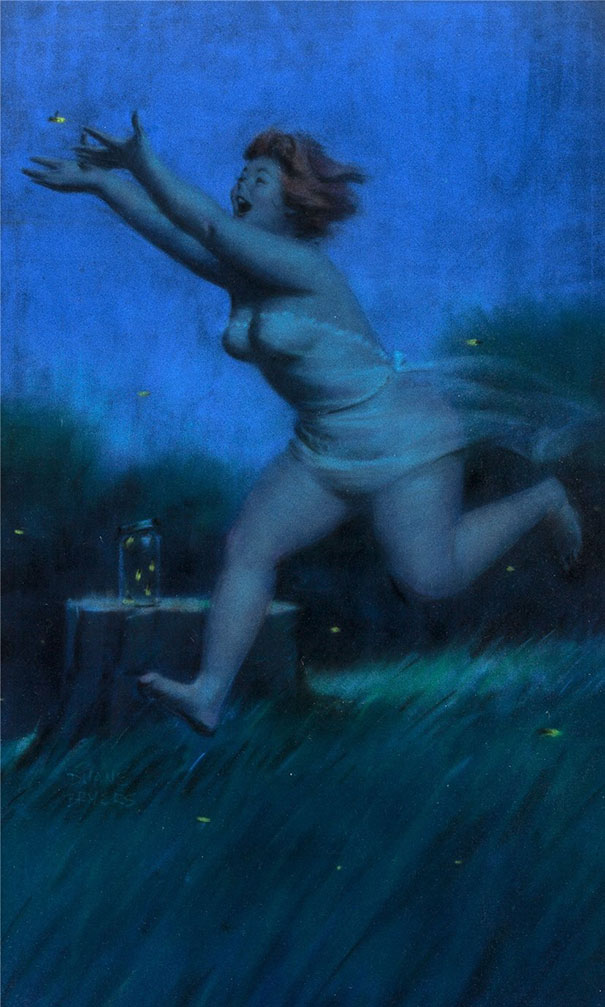 illustration of a plus-size girl running for fireflies at night