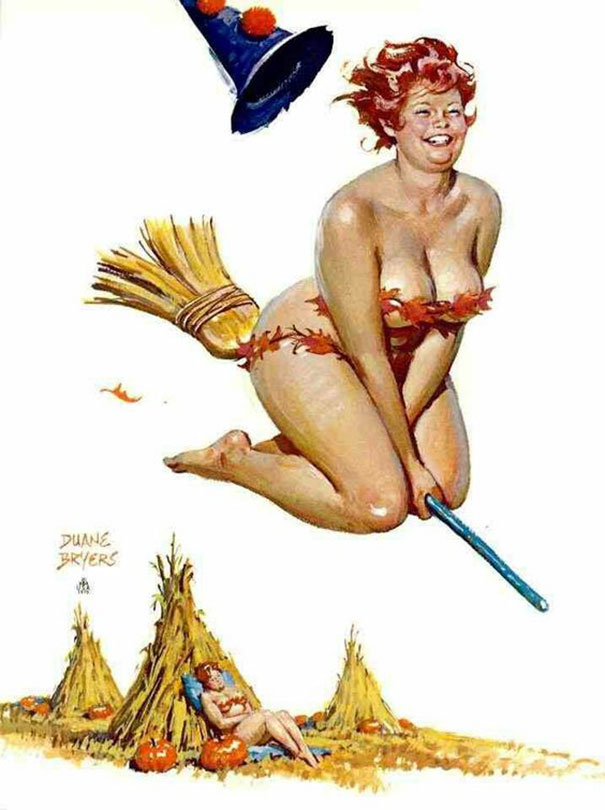 illustration of a plus-size girl flying on the broom
