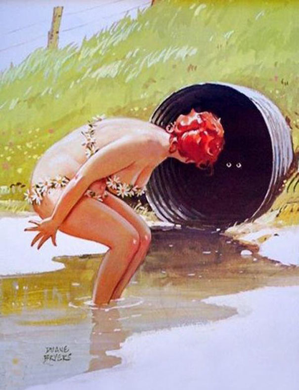 illustration of a plus-size girl looking at a black cat which sitting in a pipe