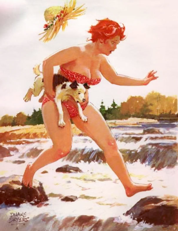 illustration of a plus-size girl running on the stone in water with her dog