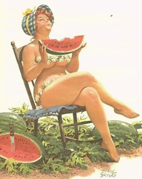 illustration of a plus-size girl in a hat sitting on the chair and eating watermelon