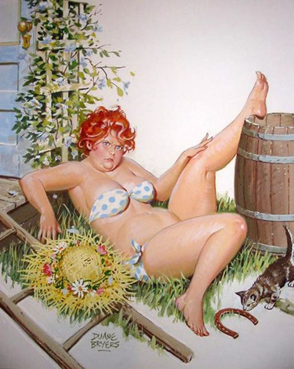 illustration of a plus-size girl sitting on the grass with one leg on the barrel