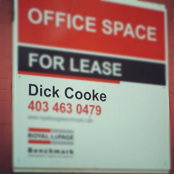 Sign with funny name "D**k Cooke" for office space lease.