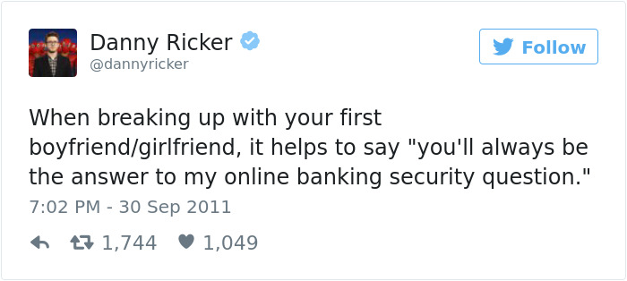 Tweet about a dating breakup with a humorous mention of an online banking security question.