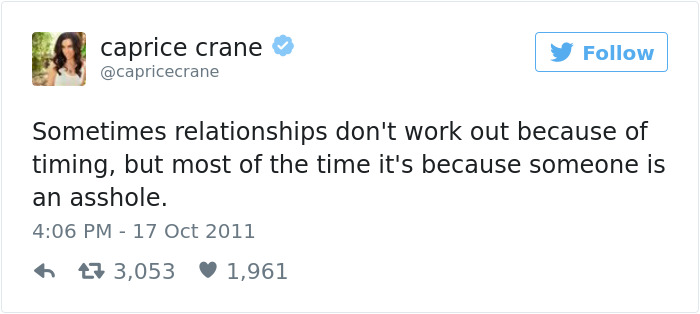 Tweet about dating explaining why relationships often fail, with humorous insight.