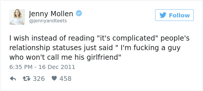 Tweet by Jenny Mollen humorously discussing dating relationship status in a candid way.