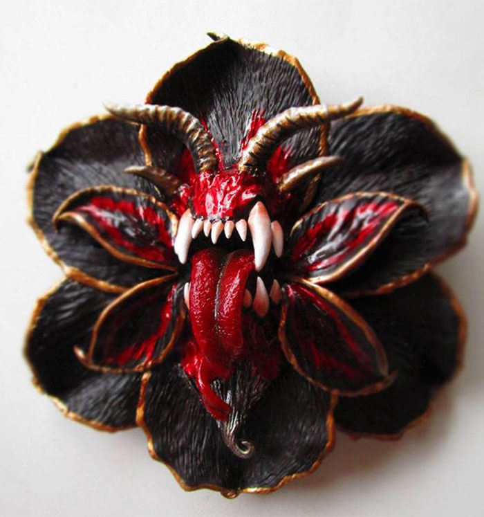 I Make Delicate Carnivorous Flowers (carnifloras Or Fleeth) Using Polymer Clay And Natural Gems