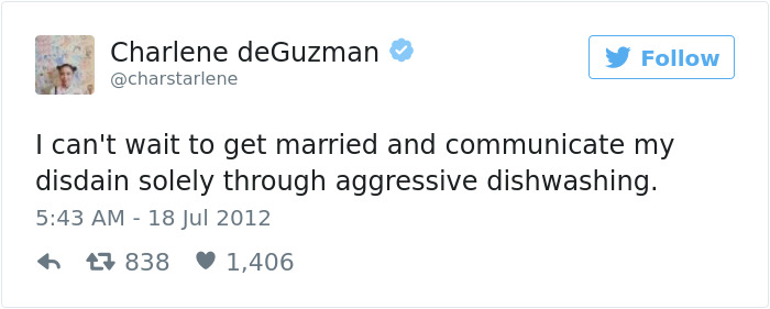 Tweet by Charlene about dating, humorously anticipating marriage communication via dishwashing.