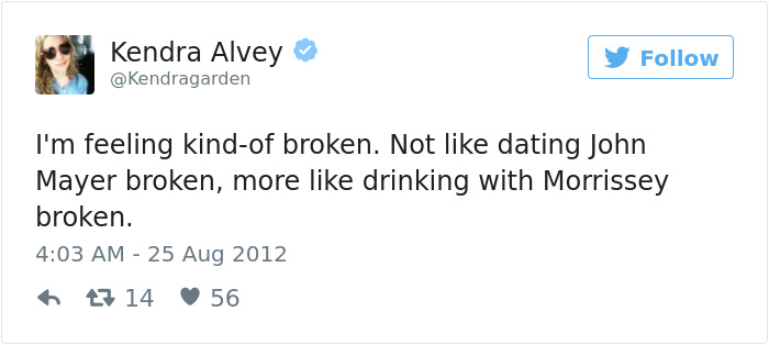 A tweet humorously comparing dating experiences, reflecting on feeling broken in a witty manner.