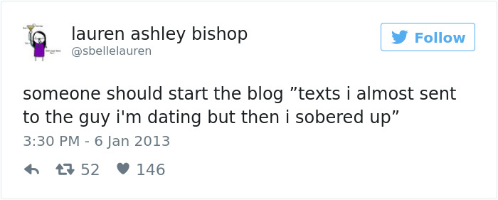 Hilarious tweet about dating, contemplating starting a blog for unsent texts to a date after sobering up.
