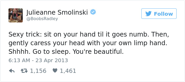 Tweet by Julieanne Smolinski with a dating joke about using a numb hand to caress and fall asleep.