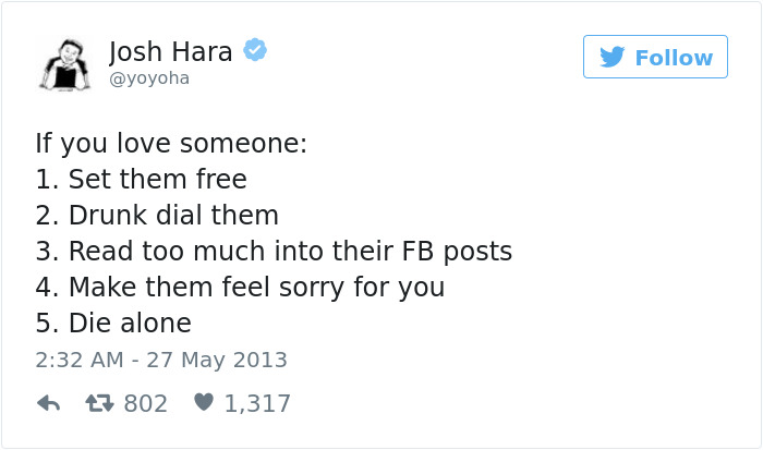 Tweet showing a humorous take on dating, listing five sarcastic steps about relationships.