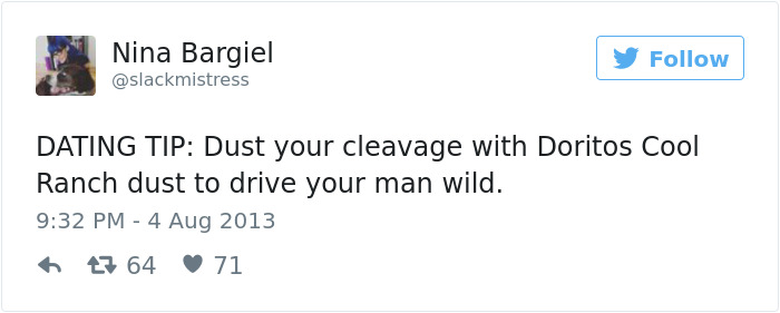 Tweet showing a humorous dating tip involving Doritos Cool Ranch dust.