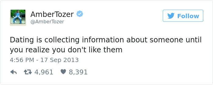 Tweet about dating humor, saying it's about learning you don't like someone, by user with blue checkmark.