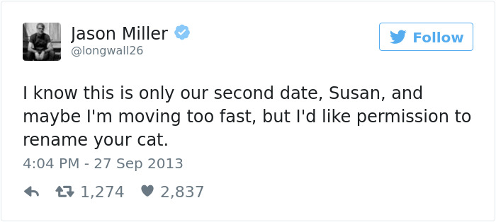 Tweet about dating humor, suggesting renaming a date’s cat.