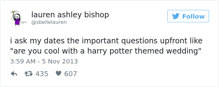Tweet about dating humorously asking if a Harry Potter themed wedding is acceptable.