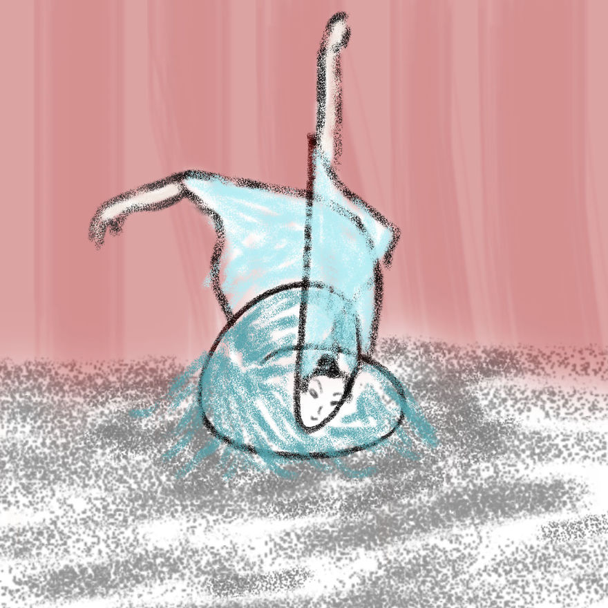 Dancer Circling Down While Crossing Her Arms High Up At The Back