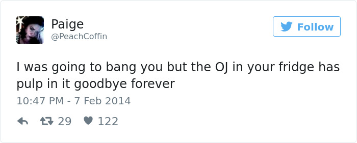 A funny tweet about dating preferences and orange juice pulp.