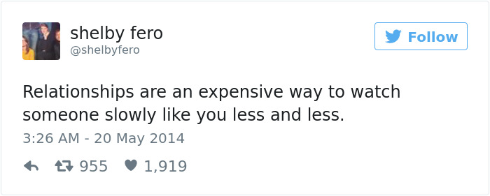 Tweet by shelby fero about humorous dating experiences, highlighting the costly nature of relationships.