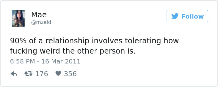 Tweet about dating humor, highlighting the quirks tolerated in relationships.