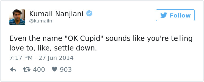 Kumail Nanjiani tweets a humorous dating joke about the name "OK Cupid."