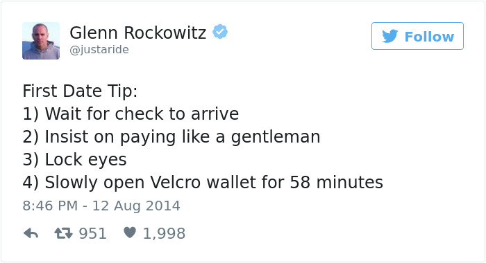 Tweet humorously outlining dating tips about paying while on a first date.