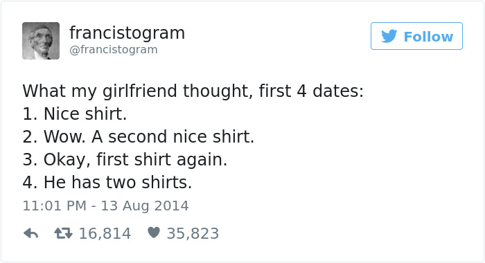 Tweet about dating: "What my girlfriend thought, first 4 dates; Nice shirt, second nice shirt, first shirt again, two shirts."