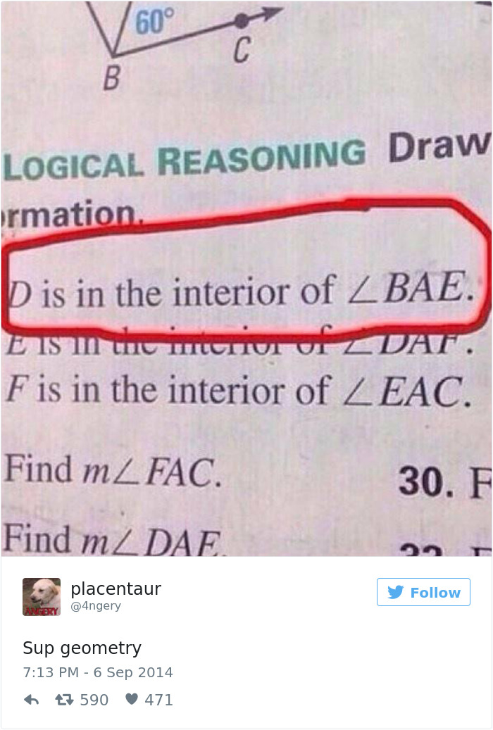 Funny dating tweet featuring a geometry problem with a highlighted section reading “D is in the interior of ∠BAE.”
