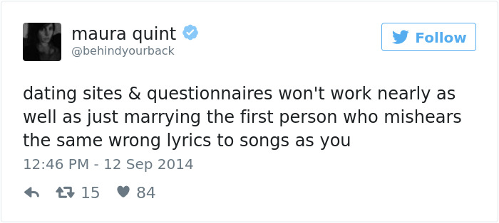 A tweet about dating humorously suggests marrying someone who mishears song lyrics the same way.