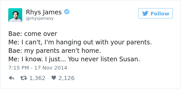 A hilarious tweet about dating where a mix-up involves meeting someone's parents.