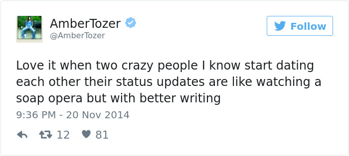 Tweet about dating humor by Amber Tozer, comparing friends' status updates to a soap opera with better writing.
