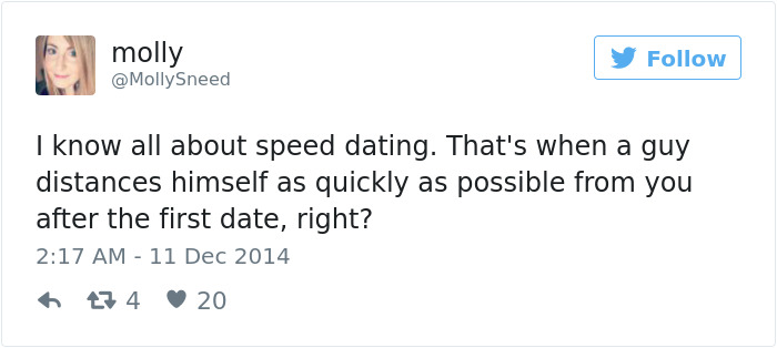 Tweet humorously describing speed dating as quick distancing after the first date.