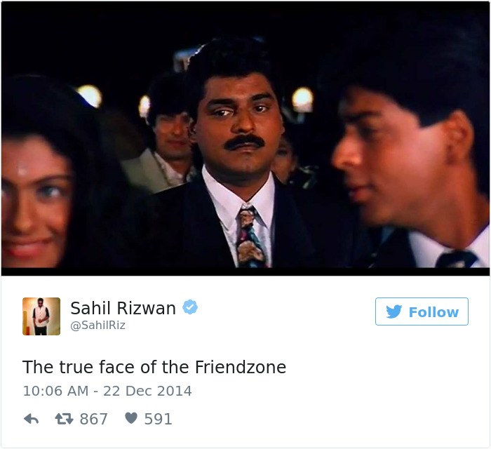 Man with mustache among people at an event, captioned text about dating and friendzone humor.