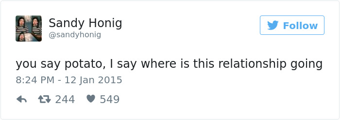 Tweet about dating humor with user discussing where a relationship is going, gaining numerous likes and retweets.