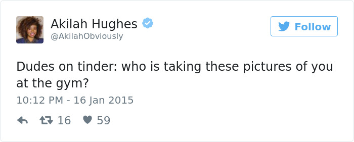 Hilarious tweet about dating, questioning who takes gym photos for Tinder profiles.