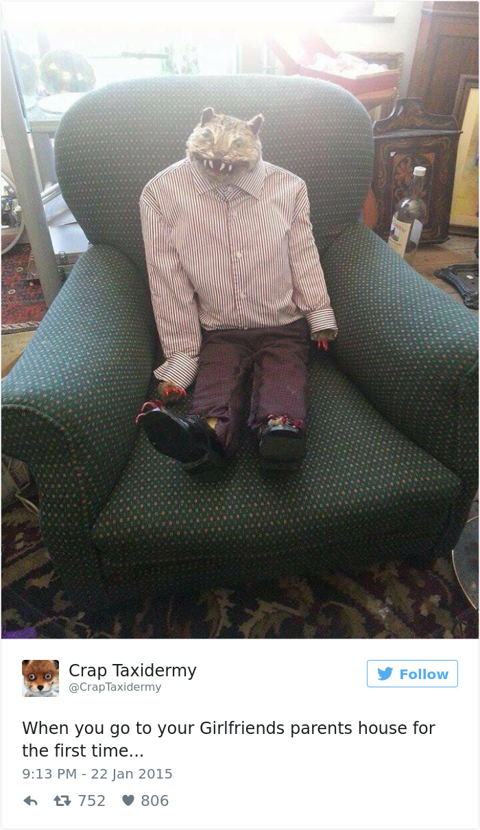 Funny tweet about dating featuring taxidermy animal in clothes on a chair.