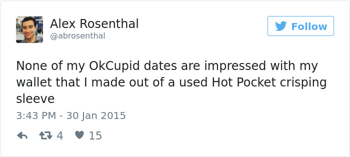 Funny tweet highlighting a humorous take on dating using a DIY wallet from a Hot Pocket sleeve.