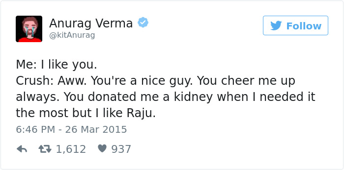 Tweet joke about dating: person expresses feelings and is friend-zoned humorously despite donating a kidney.