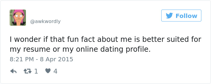 Tweet humorously questioning if a fun fact suits a resume or a dating profile.