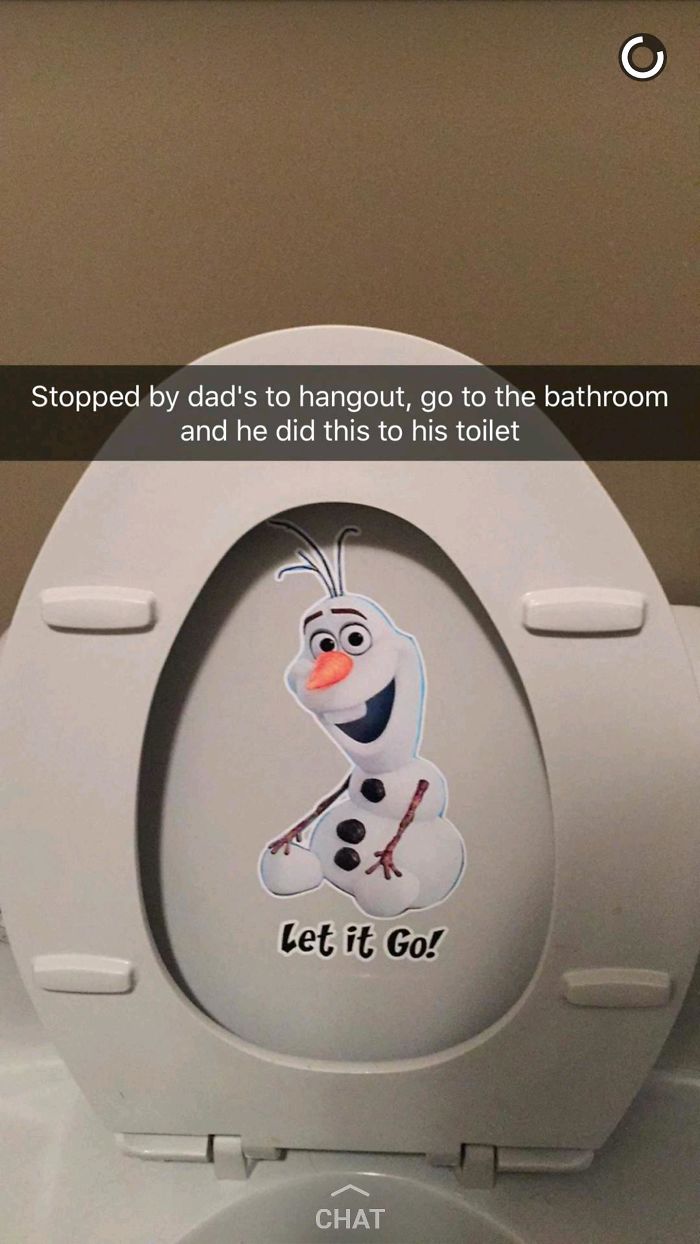 Dad's joke taken to another level with Olaf sticker and "Let it Go" on a toilet seat.
