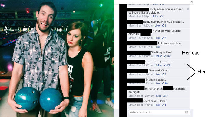 A man and woman posing at a bowling alley next to funny dad joke comments on social media.