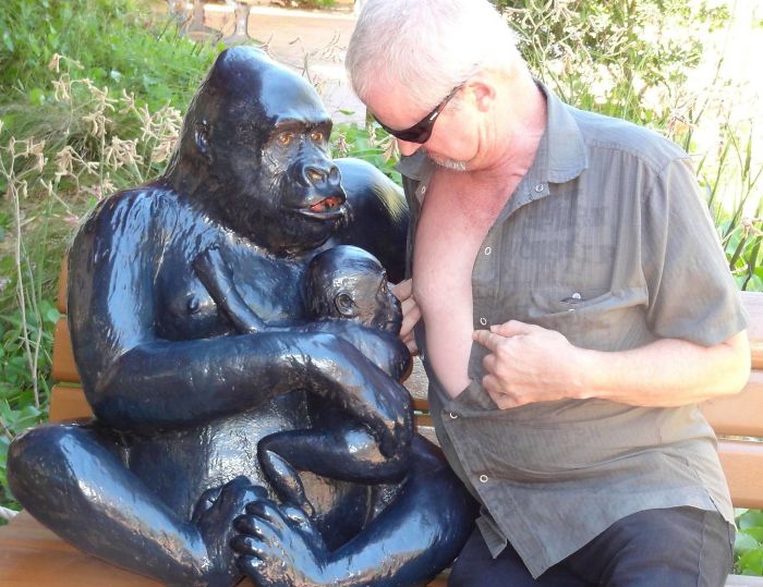 Dad humorously showing his chest to a gorilla statue on a park bench, highlighting dad jokes.